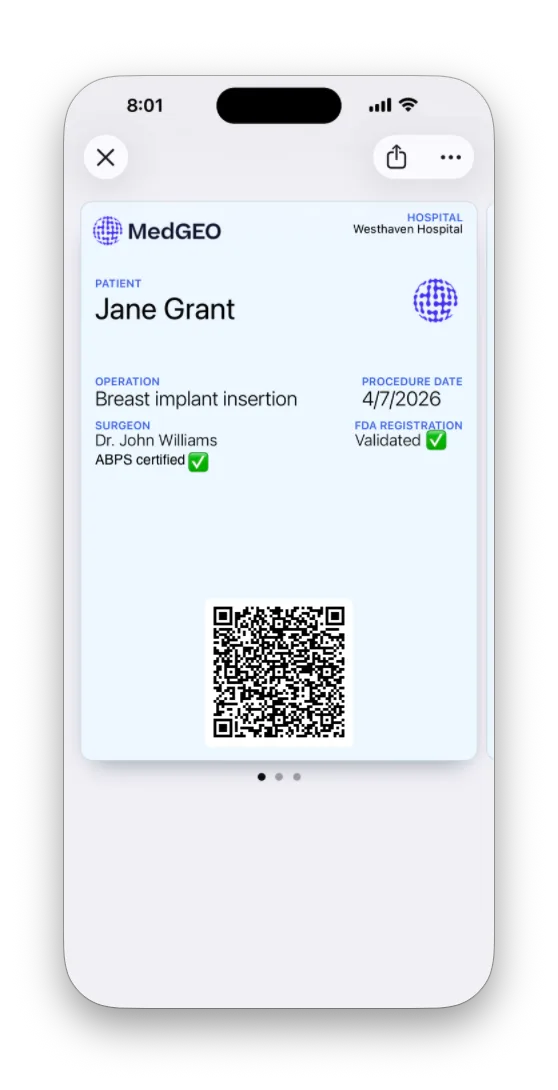 MedFOLIO digital implant card in Apple Wallet