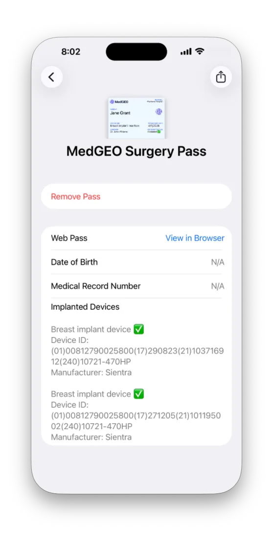 MedFOLIO surgery pass with device details